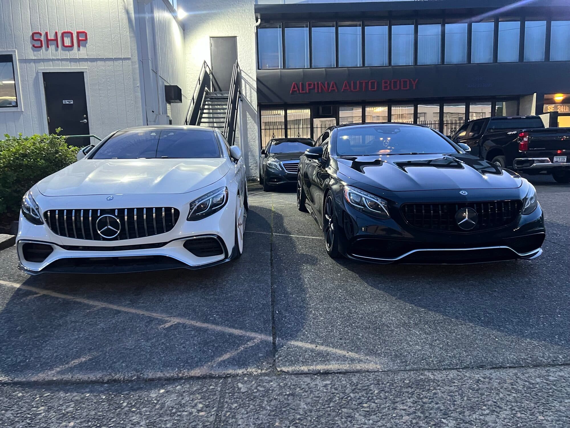 Mercedes-AMG coupes outside the Alpina Auto Body shop in Sellwood, Southeast Portland
