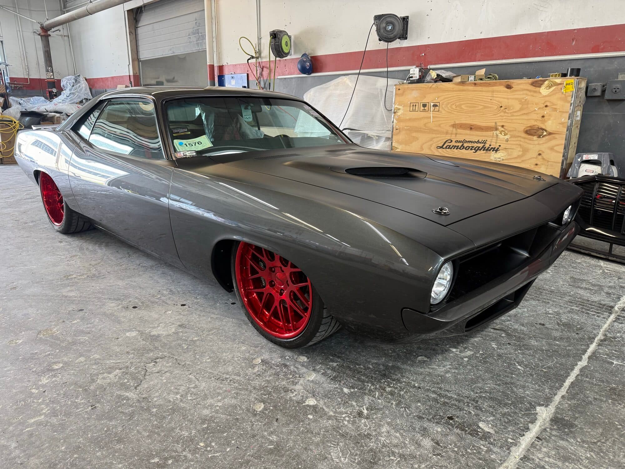 Custom grey Plymouth Barracuda muscle car at Alpina Auto Body, classic and custom paint and body shop in Southeast Portland, Oregon